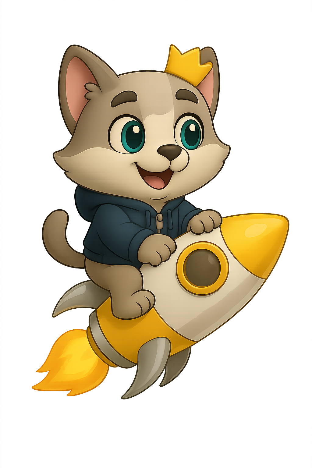 Brand character flying on rocket